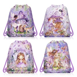 12 Pcs Purple Mushroom House Drawstring Non-Woven Bag Fairy Drawstring Bag Organizer Great for Travel, Fitness and Daily Use, 2 Design