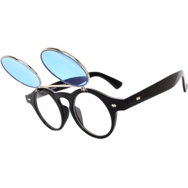Flip Up Steampunk Vintage Retro Round Circle Gothic Hippie Colored Plastic Frame Blue Lens OWL