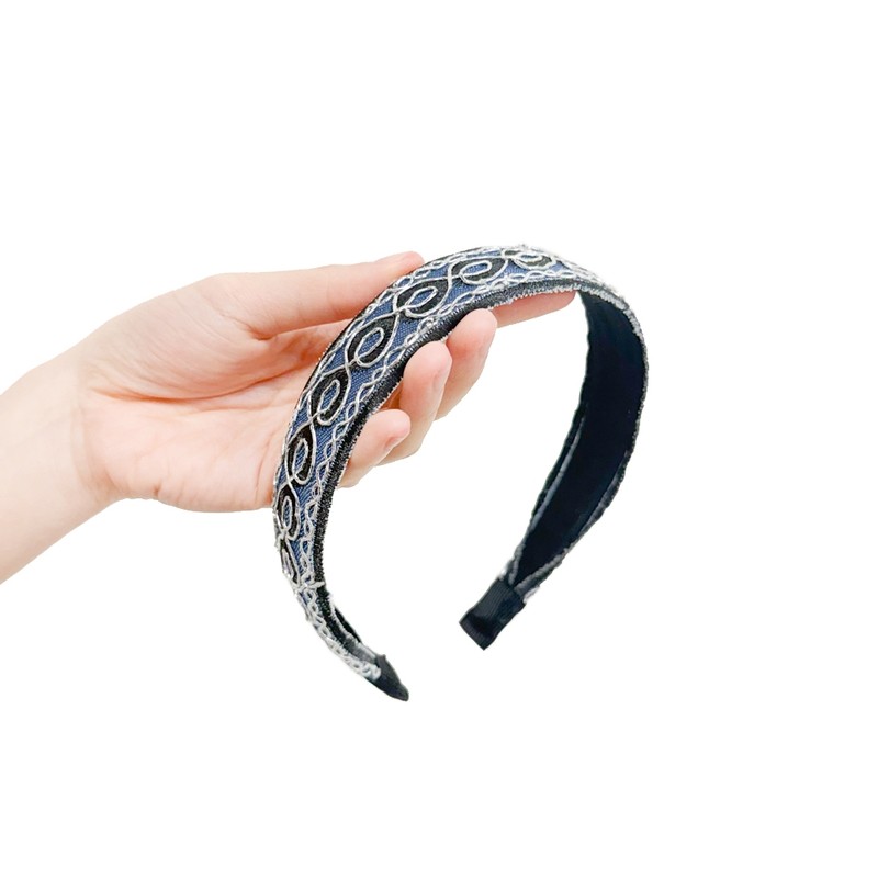 Burnaby silver embroidered blue black hair band / 버나비 실버