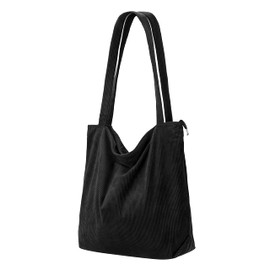 Women's Tote Bag, Aesthetic, Shopper Bag, Large, Cord Bag with Zip, for School, Work, Office, Travel, Shopping, Everyday Use, black