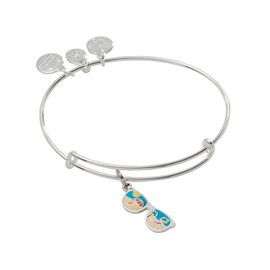 Alex and Ani Color Infusion Sunglasses Expandable Wire Bangle, Shiny Silver Finish, Green Charm, 2 inches to 3.5 inches