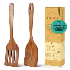 ANBUY Wooden Spatula for Cooking, Teak Wood Spatula Set for Nonstick Pan, Heat Resistant Kitchen Cooking Utensils Set, 2 PCS Slotted Spatula & Turner Non Toxic