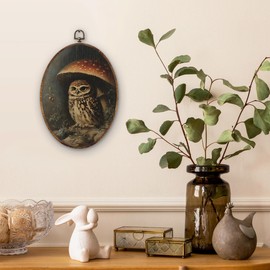 DILSJ Nature Forest Mushroom Owl Oval Wall Art Decor, Dark Cottagecore Rainy Mushroom Owl Canvas Wall Art Framed, Rustic Retro Wild Animal Hanging Decorations for Home Bedroom Living Room, 11x8.5 Inch