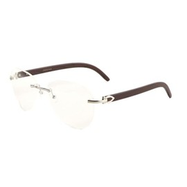 Dweebzilla Marshal Rimless Aviator Metal & Faux Wood Buffs Clear Lens Sunglasses - Rimless Eyeglasses Frames (Silver & Dark Brown Wood - Clear Lenses)