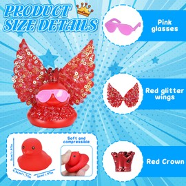 BOZILY 1Pcs Glitter Mini Rubber Ducks, Red Duck Squishy Duck Accessories with Wings Rhinestone Strip Crown Glasses Adhesive Dots Cute Car Decor