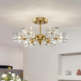 XINGQI Gold Glass Chandellier Semi Flush Mount Ceiling Light Fixture Modern 6 Lights Small Sputnik Chandelier, Antique Chandeliers Fashion Lighting for Bedroom Dining Room Farmhouse Kitchen Office