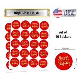 40 Happy Birthday Stickers, 2 Inch Big Round Glossy Labels, Great for Birthday Party, Gift Box, Gift Bag, Party Favors Décor, Tags, Games and Supplies. Made in USA. Red