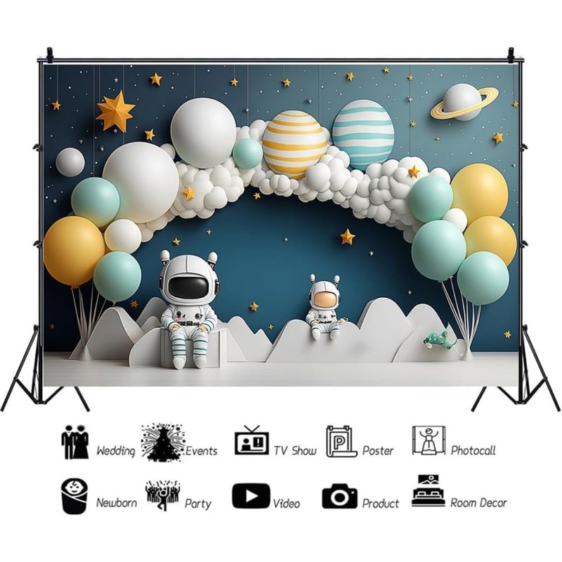 Astronaut Outer Space Theme Backdrop for Boy 1st Birthday Party