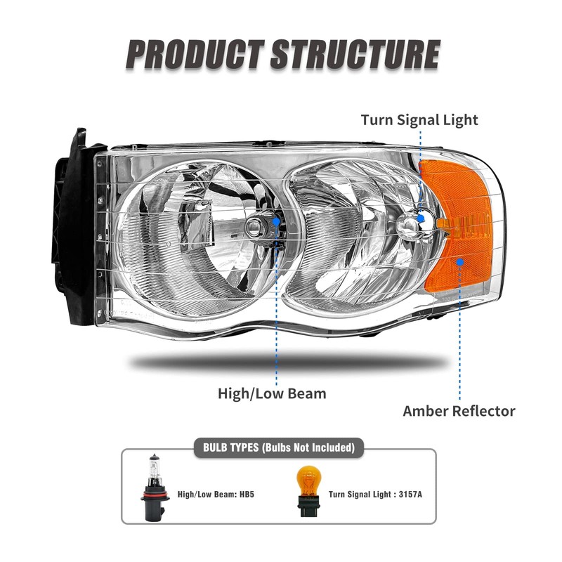 ADCARLIGHTS Headlight Assembly Compatible with 2002-2005 Dodge Ram 1500/03-05 Ram