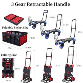 2-in-1 Folding Hand Truck & Dolly with Collapsible Basket - 330lbs Capacity Heavy Duty, 4 Non-Marking Wheels, Retractable Handle for Moving, Warehouse, Shopping Blue