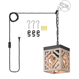 Tarentlight Rustic Wood Hanging Light Plug in, Adjustable Chain Boho Lamp with 13.8FT Cord & On/Off Switch, Farmhouse Pendant Lighting for Kitchen Island Livingroom Diningroom Hallway Bedroom.