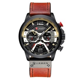 CURREN Men's Watches Quartz Analog Calendar Wrist Watch for Men Fashion Waterproof Watch with Leather Strap Red Outing Getaway Solids Chronograph Quartz Movement, Getaway Solids, Chronograph, quartz