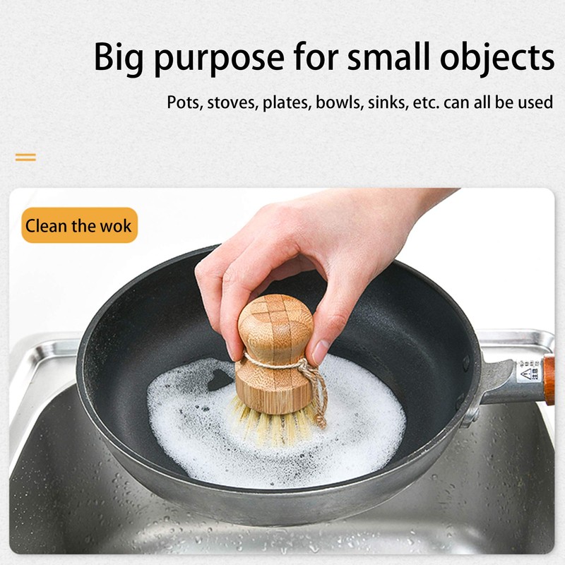 Natural Sisal Dish Washing Brush Bamboo Round Scrub Brush Pots
