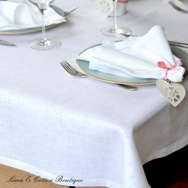 Linen & Cotton Hemstiched White Tablecloth FLORENCE, 100% Linen - 143 x 250cm (57.2'' x 100'')