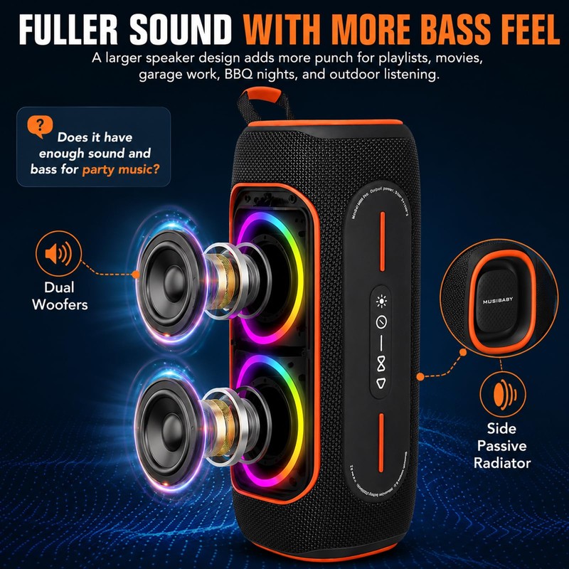 Musibaby Black 80W Waterproof Portable Bluetooth Speaker for Outdoor Use
