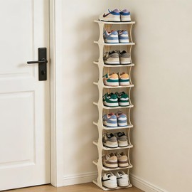 UFORU Vertical Shoe Rack 9 Tier Adjustable Shoe Organizer Small Shoe Shelf for Closet, Narrow Entryway, or Bedroom Easy to Assemble and Disassemble Holds Up to 10 Pairs of Shoes (White)