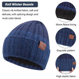 Mens Winter Knit Beanie Hat Scarf Touchscreen Gloves Set, Winter Warm Skull Cap Neck Warmer Gloves Set with Fleece Lined