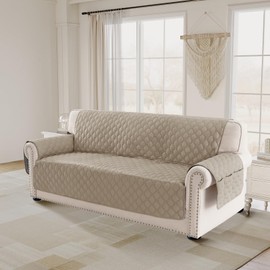 PrinceDeco Sofa Cover Couch Cover for 3 Cushion Couch Water Resistant Sofa Cover for Living Room Quilted Furniture Couch Cover Washable Couch Protector Width Up to 78"(Oversized Sofa, Taupe)