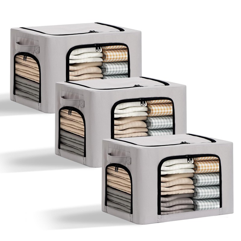 Graciadeco 3-Pack Clothes Organizer Bins with Metal Frame, Foldable 40L