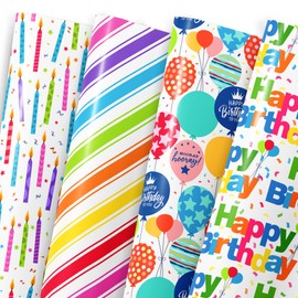 Birthday Wrapping Paper Sheet - 12 Sheets Folded Flat Gift Wrap with “Happy Birthday” Candles, Balloons, Colorful Stripes for Party, Baby Shower - 20 X 28 Inch Per Sheet