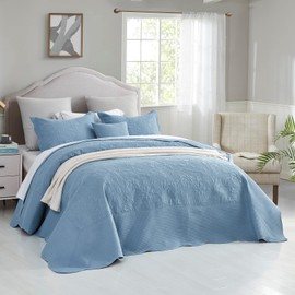 CHIXIN Oversized Bedspread Coverlet Set King Size - Lightweight Bedding Cover - Ultrasonic Quilting - 4 Piece Reversible Bedspread - Vintage Rose Pattern (King, Ashley Blue)