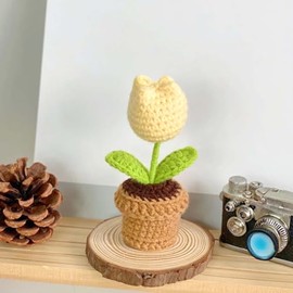 Lutoku Cute Knitted Flower Plant, Kawaii Handmade Crochet Flowers,Small Potted Artificial Flower Plants, Desk Home Car Dashboard Decorations (Tulip-yellow)