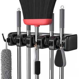 LETMY Broom Holder Wall Mount - Mop and Broom Hanger Holder - Garage Storage Rack & Garden Tool Organizer - 5 Position 6 Hooks Broom Rack for Home, kitchen, Garden, Tools, Garage Organization - Black