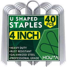 HOUYA U Shaped Garden Stakes 4 Inch 40 Pack Drip Irrigation Stakes Galvanized Landscape Garden Staples Hose Stakes for Soaker Hose Drip Line Irrigation Tubing Tube, Lawn Ground and Weed Barriers