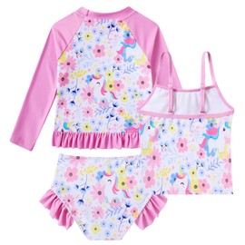 BFUSTYLE Girls Swimsuit Rash Guard Set Long Sleeve Bathing Suit Size 7-8 Swimwear Sun Protection Kids Flower Bikini 3 Piece Tankini 8 Years