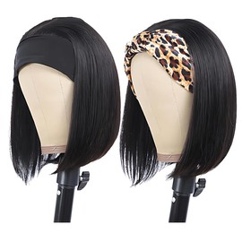 Feelgrace Bob Headband Wig Human Hair Short Straight Headband Wigs Remy Hair Easy Wear and Go Glueless Wigs ​Bob Headband Wigs for Women Black Color(150% Density 10 Inch)