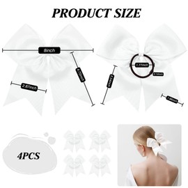 TUUXI 4pcs 8" Large Cheer Bows Elastic Hair Tie Bands Grosgrain Ribbon Ponytail Holder White for Teen Girls Softball Cheerleader
