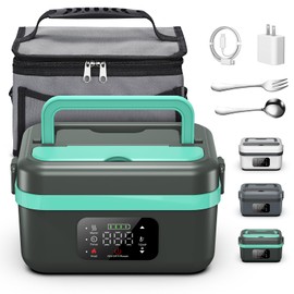 Electric Heated Lunch Box for Adults, EDCERATY Rechargeable 60W Self-Heating Food Warmer with 1L Stainless Steel Container, Fork, Spoon and Insulated Carry Bag for Work Men Car Truck(Grey+Green)