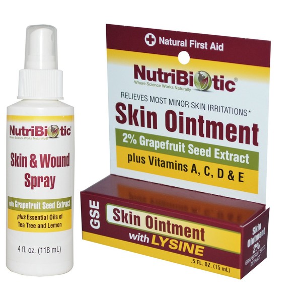 NutriBiotic Skin & Wound Spray and Skin Ointment Bundle with Lemon Peel, Tea Tree Leaf, Vitamin C and Grapefruit Extract, 4 fl. oz. and 0.5 oz.