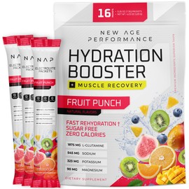 New Age Performance Hydration Packets, Electrolytes Powder, Liquid Enhancer for Dehydration Relief, L-Glutamine Amino Acids for Muscle Workout Recovery, Sugar Free & 0 Calorie, 16 Sticks (Fruit Punch)