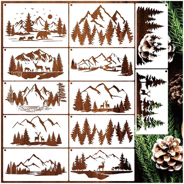 12 Pieces Mountain Stencils Pine Tree Stencils for Painting on
