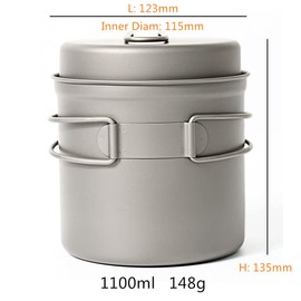 TOAKS Titanium Pot with Pan 1100ml Pot, Titanium Pot for Outdoor Camping Hiking Backpacking Cookware Cooking Picnic Bowl Pot Pan Set (1100ml)
