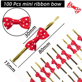 100Pcs Red Twist Ties for Bulk Food, Mini Ribbon Bow Twist Ties for Treat Bag, Christmas Tree Bows Metallic Twist Ties for DIY Crafts, Baked Food, Lollipop, Wedding Decor and Gift Wrap