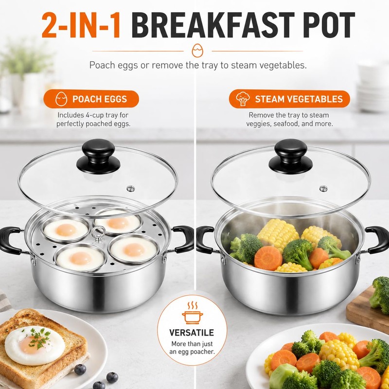 Egg Poacher Pan, Egg Poacher, Stainless Steel, 4 Cups Egg