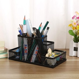 Ibluelover Pen Holder Metal Wire Mesh Pencil Container 4 Divided Compartments Home Office Supplies Desktop Accessory Organizer Storage Anti-Slip Pen Basket for Pens Paper Clips Stapler