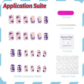 4th of July Press on Nails Medium Square Patriotic Fake Nails False Nails with Cute Flower Fireworks Stars Designs Glossy Glue on Nails Acrylic Nails for Women Girls 24Pcs