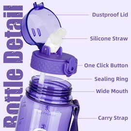 OLDLEY 1L Sports Water Bottle with Straw, Tritan 1 Litre Motivational Drink Bottle, BPA Free Leakproof Transparent Water Bottle with Time Marker for Cycling, School, Gym, Outdoor (Deep Purple)