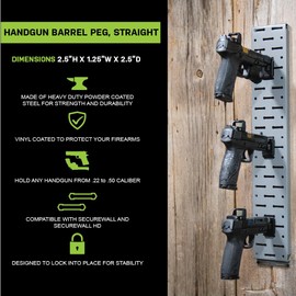 Lockdown SecureWall Handgun Barrel Peg, Straight with Powder Coated Steel Construction and Vinyl Coating for Gun Vault Management, Firearm Display and Handgun Organization