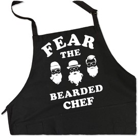 ApronMen - Fear The Bearded Chef - Funny BBQ Apron for Dads - 1 Size Fits All Chef Quality Cotton 4 Utility Pockets, Adjustable Neck and Extra Long Waist Ties - Black Color