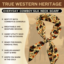 Wild Rag Silk Scarf 36'', Western Cowboy Bandana Square Silky Wild Rags,Tan Vintage Floral Bison Tribal Scarves for Men & Women