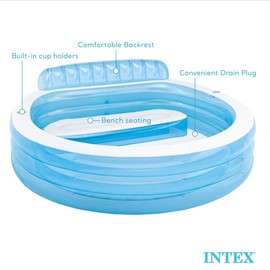 Intex Swim Center Inflatable Above Ground Outdoor Round Family Swimming Pool with Built-in Relaxing Bench, Cupholders & Secure Vinyl Pool Cover, Blue