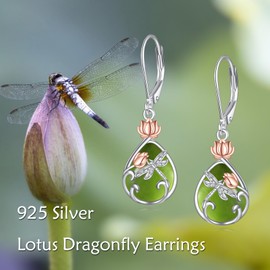 VONALA Dragonfly Leverback Earrings 925 Sterling Silver Lotus Flower Filigree Dangle Earrings Teardrop Peridot Jewelry Birthday Gifts for Women (Peridot Dragonfly)
