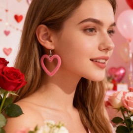 Pink Heart Earrings Valentines Earrings for Women Trendy Velvet Dangle Heart Jewelry Valentines Day Gifts Outfits Fashion Accessories