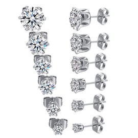 6 Pair Graduated Stud Earrings,GEMSME 18K White Gold Plated Round Cubic Zirconia Stud Earrings Pack of 6
