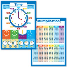 Multiplication Table and Telling Time Educational Posters for Kids - 2 Poster Set - Learn to Tell Time (18" x 24", Laminated)