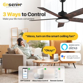 Ensenior 52 Inch Smart Ceiling Fans with Lights and Remote, Control via Alexa Google Voice App, 6 Speeds Reversible DC Motor 3000K-6000K, Dimmable LED, Black bedroom ceiling fan with lights - 5 Blades